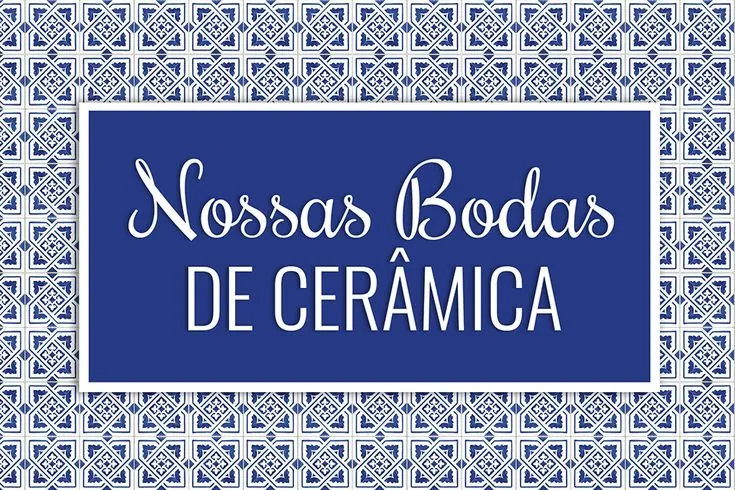 Arte com o texto Nossas bodas de cerâmica sobre fundo azul, com borda estampada