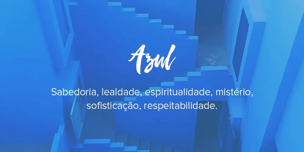 Ilustração com vários tons de azul e palavras ligadas à cor: sabedoria, lealdade, espiritualidade e mistério