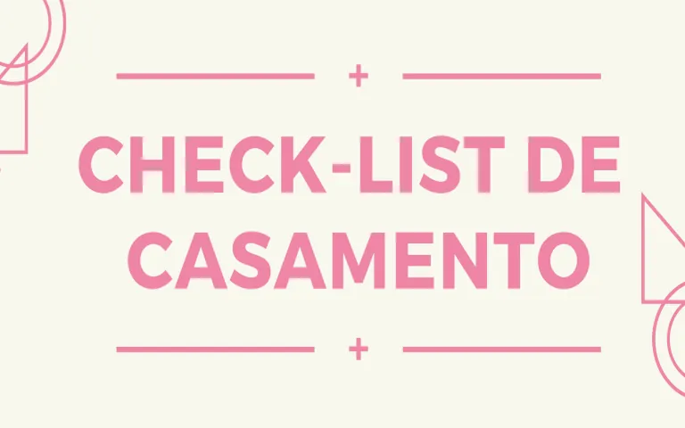 Arte com o texto "Check-list de casamento" em letras grandes cor-de-rosa sobre fundo claro com formas geométricas