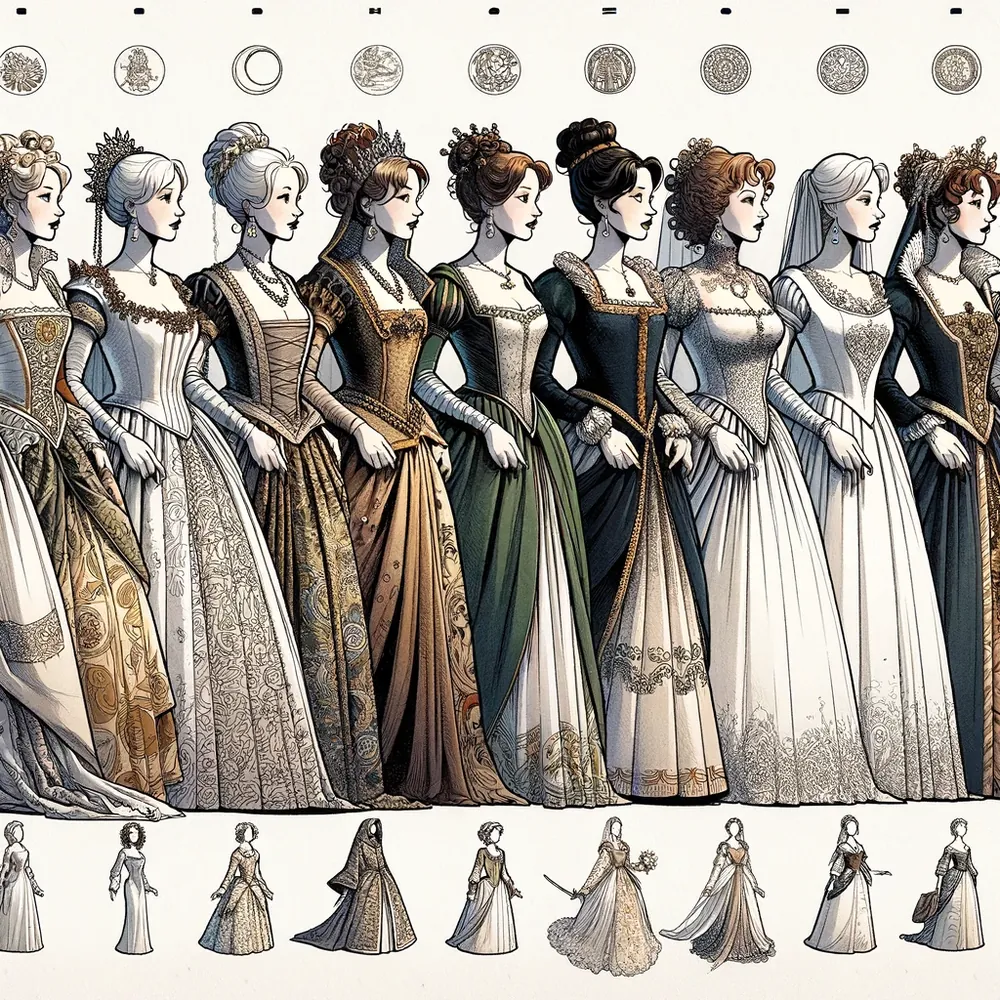 Linha do tempo ilustrada com noivas vestindo os estilos de vestido de noiva de cada época, da antiguidade aos dias atuais