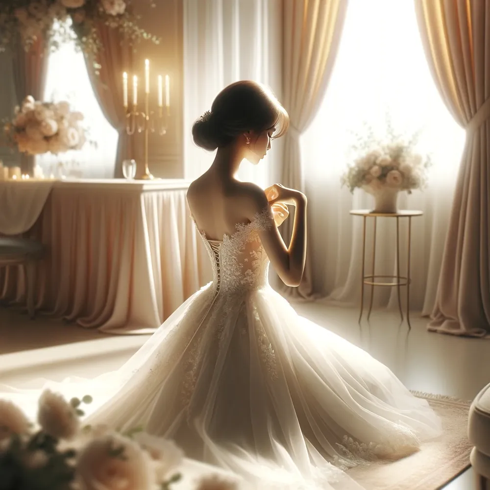 Noiva de costas, ajoelhada com o vestido rodado, em quarto iluminado por luz natural durante os preparativos