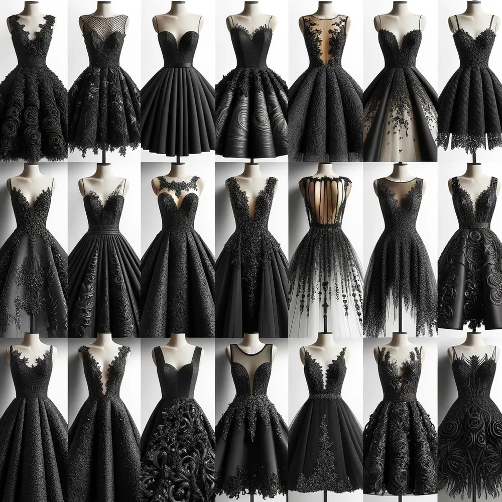 Coleção de vestidos de noiva pretos em estilos variados, com renda, tule e cortes diferentes