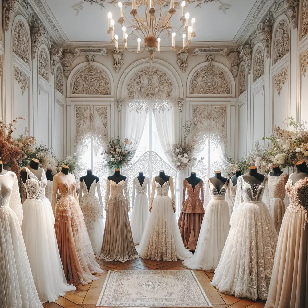 Salão de boutique de noivas com vários vestidos de noiva expostos em manequins, com estilos e tons diferentes