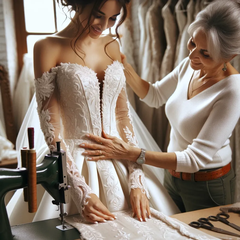 Costureira ajustando cuidadosamente o vestido de noiva de renda no corpo da noiva durante a prova