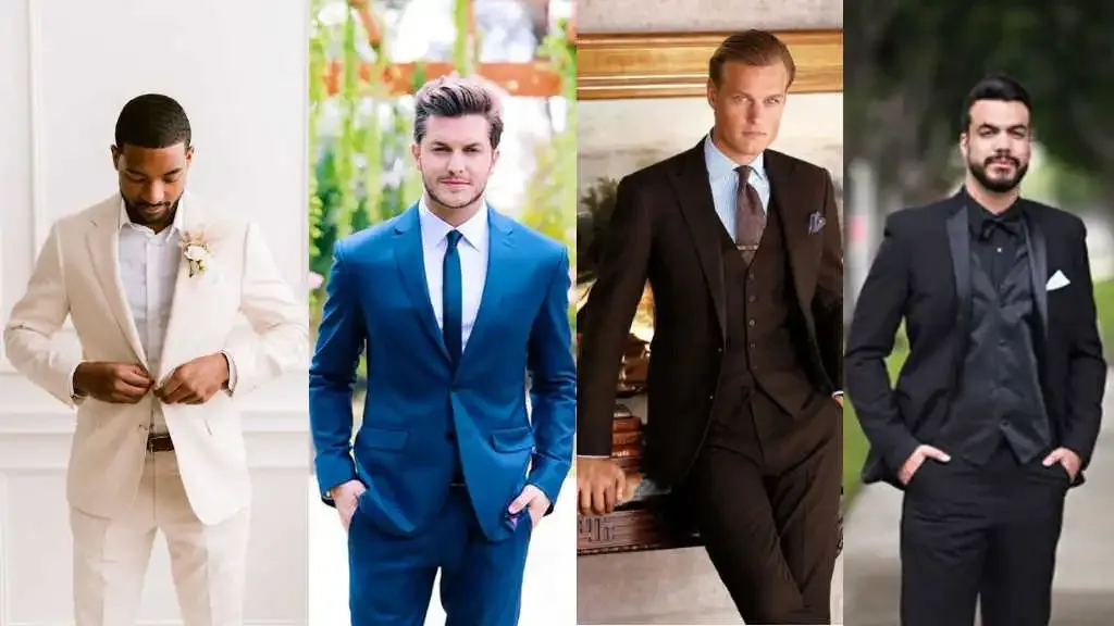 Quatro homens em trajes formais, com ternos de estilos e cores diferentes