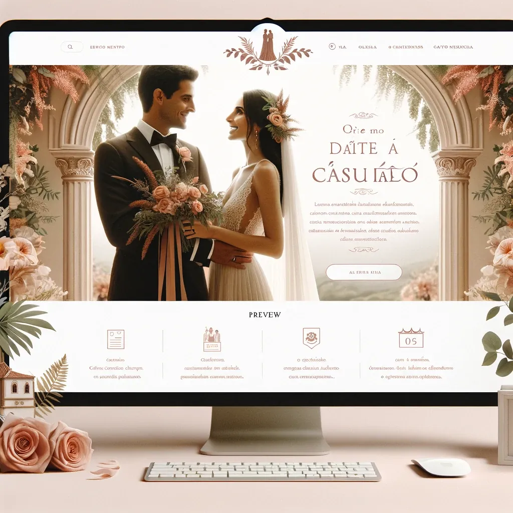 Prévia da página inicial de um site de casamento com layout elegante, fotos do casal e informações para os convidados