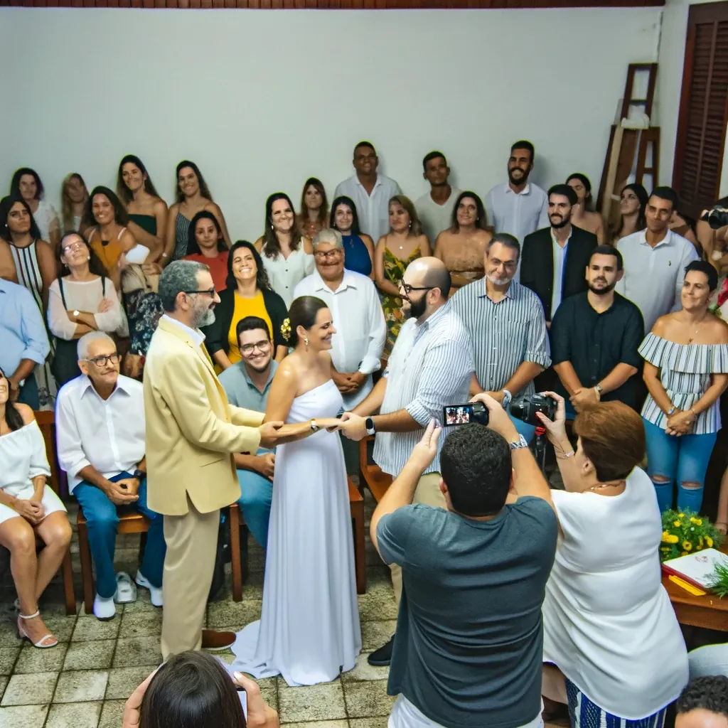 Casal ensaiando a cerimônia de casamento cercado de amigos e familiares